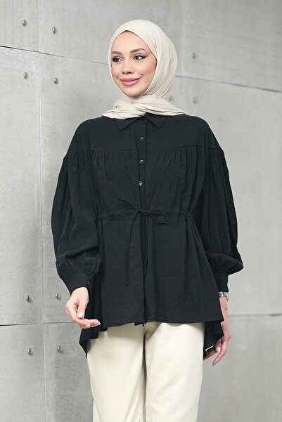 İmajButik Cămașă neagră Bel cu detaliu cu șnur modal lejeră