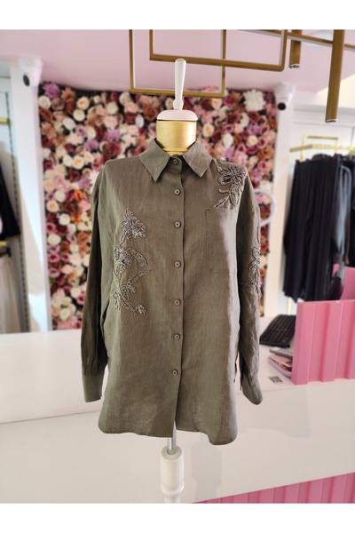 FUAT GÜRSEN kadın haki işlemeli gömlek