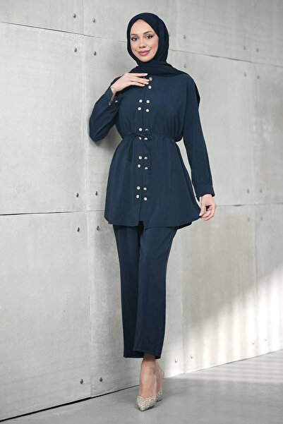 İmajButik طقم تونيك مزين بأزرار باللون الأزرق الداكن مع بنطلون