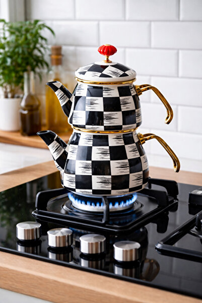 ACAR Qualita King Emaye Damalı Çaydanlık Takımı