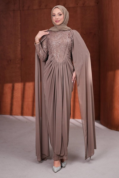 İmajButik Mink Shoulder Cape Beaded Embroidered Draped Evening Dress