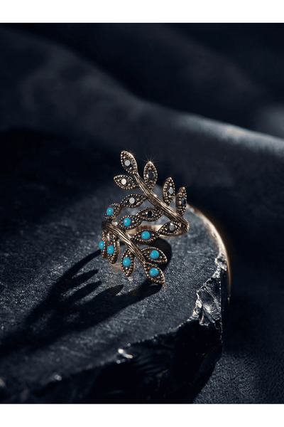 Dorvina Bronze Jewelry Authentic Turquoise and Marcasite Stone Leaf-Embellished Adjustable Vintage Women's Ring