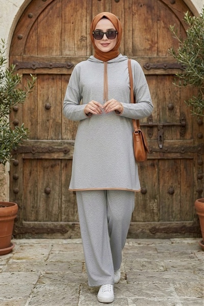 İmajButik طقم بنطلون تونيك رمادي بغطاء رأس