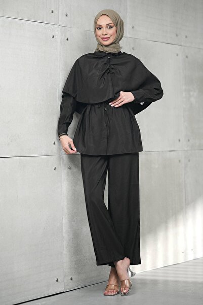 İmajButik Καφέ Σετ Παντελόνι Τουνίκ με Λεπτομέρεια Κάπας