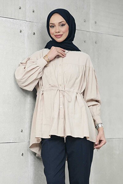 İmajButik Cămașă lejeră bej Bel cu detaliu cu șnur modal