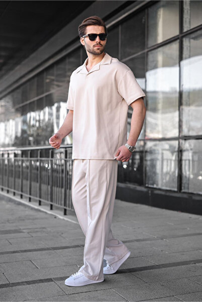 Madmext Stone Color Polo Collar Men's Top and Bottom Set E7356