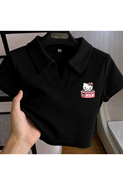 Gofeel هاراجوكو صندوق حليب صيفي أسود بياقة بولو كيتي بقصة قصيرة