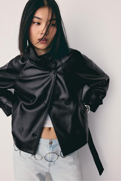 Stradivarius Dik yaka suni deri trençkot