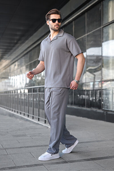 Madmext Smoked Polo Collar Men's Top and Bottom Set E7356