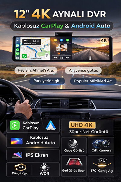 Qifit 12 İnç 4K Aynalı Araç Kamerası DVR Kablosuz CarPlay Android Auto Sesli ...