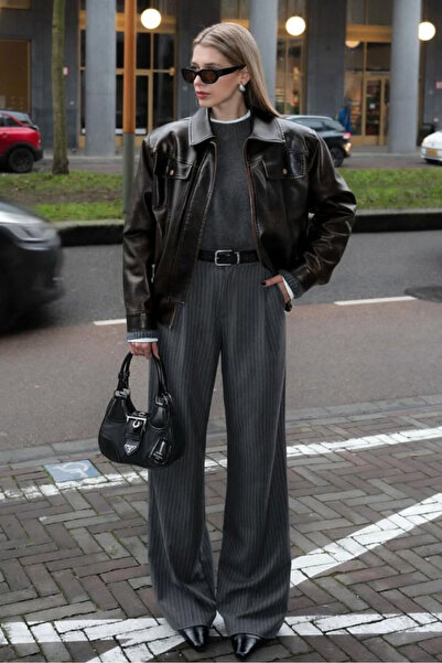 Madmext Anthracite Striped High Waist Pleated Women's Fabric Trousers Mg2641