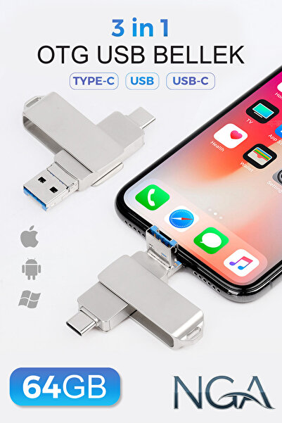 NGA 64GB 3 in 1 OTG Flash Bellek USB 3.0 Yüksek Hız (Type-C USB-C Lightning) ...