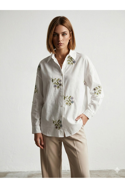 ribana Women's Sequin Embroidery Embroidered D Woven Voile Fabric Shirt 3240