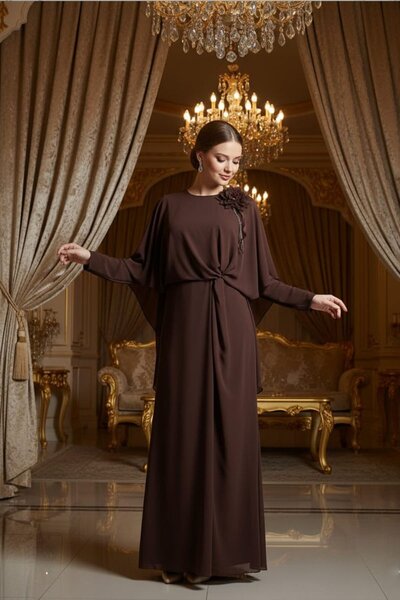 Hakimoda فستان سهرة شيفون وردي ديد بني