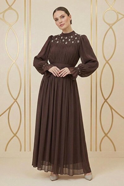 hakimoda فستان سهرة من الشيفون اللامع من لارينا باللون البني