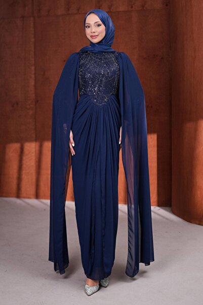 İmajButik Navy Blue Shoulder Cape Beaded Embroidered Draped Evening Dress