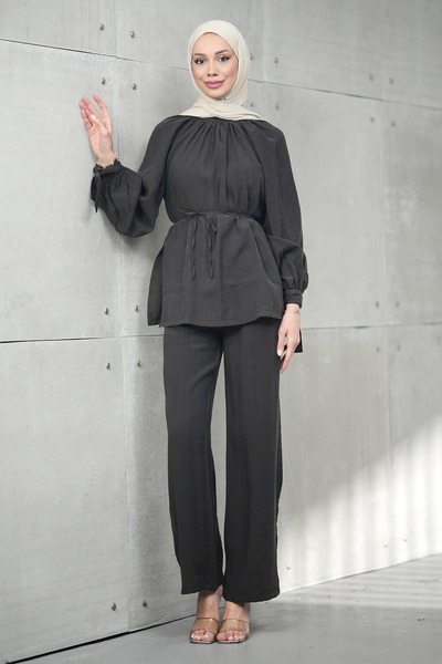 İmajButik Καφέ Σετ Τούνικ με Παντελόνι Τένσελ Με δέσιμο