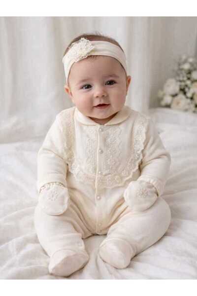 jijek baby kids Baby Girl Ecru Lace Piece Jumpsuit Set - Newborn Snap Fastene...