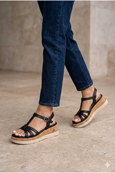 DYG STORE SİYAH AHTAPOT MODEL YAZLIK MANTAR TABAN ŞIK SANDALET