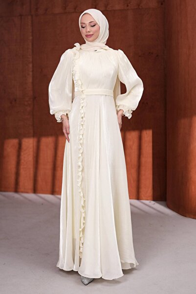 İmajButik Cream Bel Belt Piece Ruffled Janjan Evening Dress