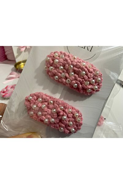 MADE BY PERİ Hand Knitted Pearl Embroidered Pink Snap Buckle