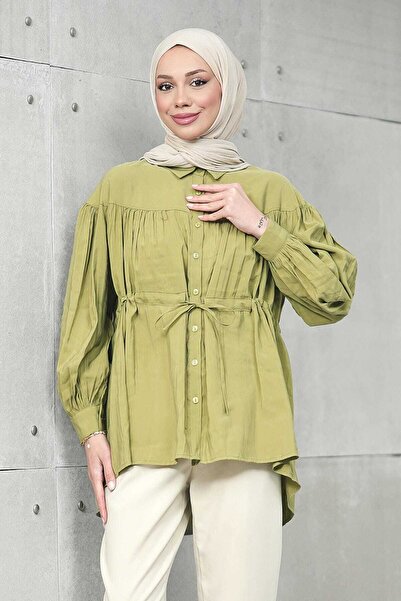 İmajButik Cămașă casual verde ulei cu detaliu cu șnur modal