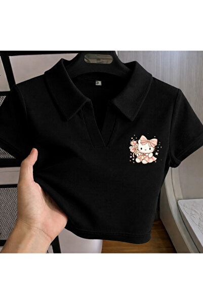 Gofeel Harajuku Summer Black Polo Collar Baby Pink Kitty Cropped