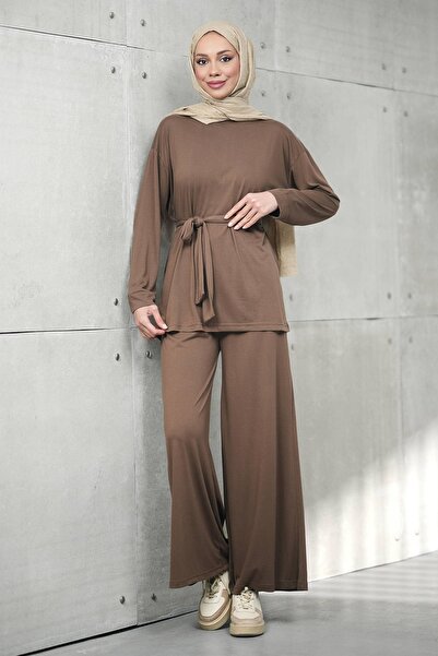 İmajButik Καφέ Σετ Modal με Παντελόνι και Τούνικ με Κορδόνι στη μέση