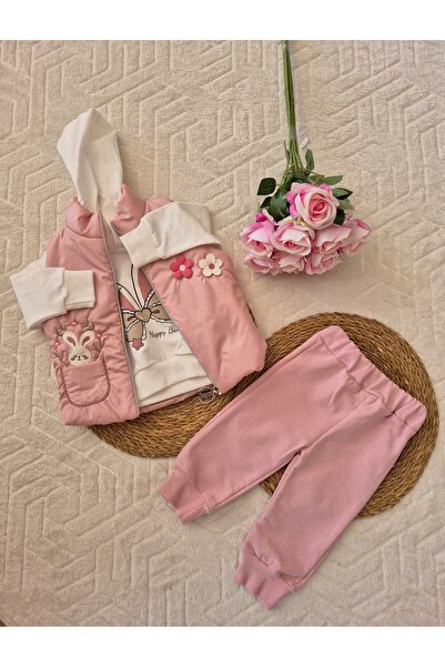 Kız Bebek 3’lü Şık Takım – Kapüşonlu Tavşan Desenli Sweatshirt, Pembe Yelek ve Eşofman Altı