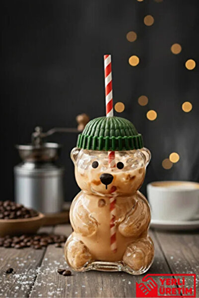 CİHO Premium Glass Barista Cold Drink Cup with Straw a Teddy Bear Print Cup 5...