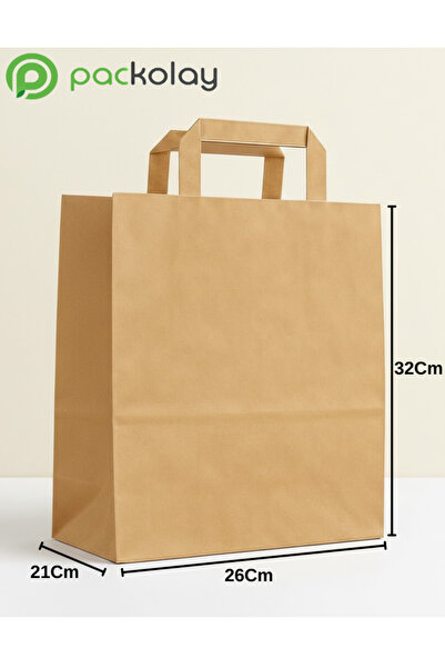 PACKOLAY Flat Saplı Kraft Kağıt Çanta 32x21x26 cm – Doğal Kahverengi, Dayanık...
