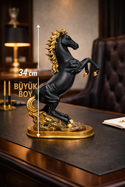 Home Şaha Kalkmış At Biblosu 34 cm Büyük Boy Siyah Gold Dekoratif Heykel
