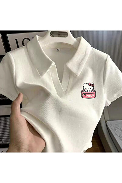 Gofeel Harajuku Summer White Polo Collar Milk Box Kitty Cropped