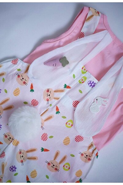 Softleaf Kız Bebek Tavşan Desenli Tulum – Tül Fularlı Ponpon Detaylı