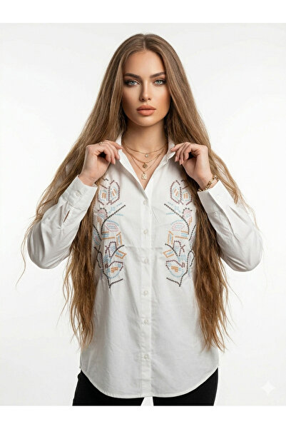 ribana Women's Front Embroidered Summer Woven Fabric Boyfriend Shirt 4713