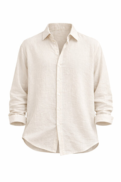 çerme oversized ελαφρύ Λινό Με υφή Ανδρικό μπεζ πουκάμισο με μακριά μανίκια, ...