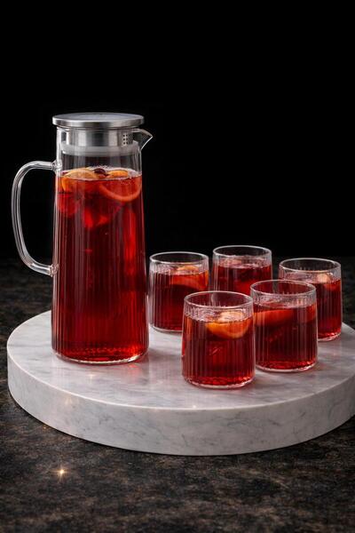 Maloria 7 Parça Çizgili Cam Su Takımı Seti | Sürahi 1.5lt ve Borosilikat Bard...