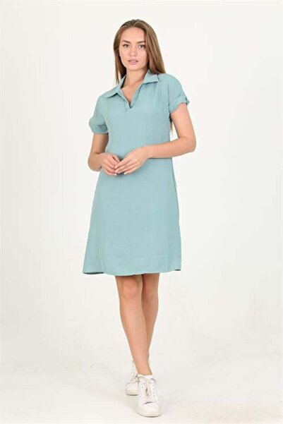 Dipmoda فستان نسائي مينت ياقة قميص تفاصيل على الأكمام متوسط الطول ايروبين LPTR10