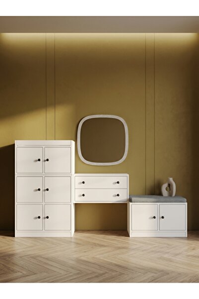 FOR WOMAN DESİGN Ahşap Antre Portmanto Seti 2 Çekmeceli Modern Beyaz Akıllı D...