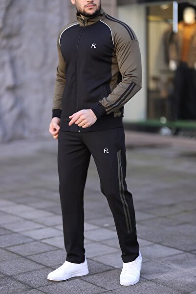 Fors Life New Season Men's Hooded Piped Tracksuit Set, Khaki Black