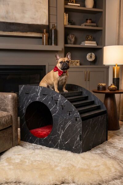 Evene Ahşap Köpek Kulübesi Dekoratif Köpek Evi Siyah Mermer Renk Merdiven Ova...