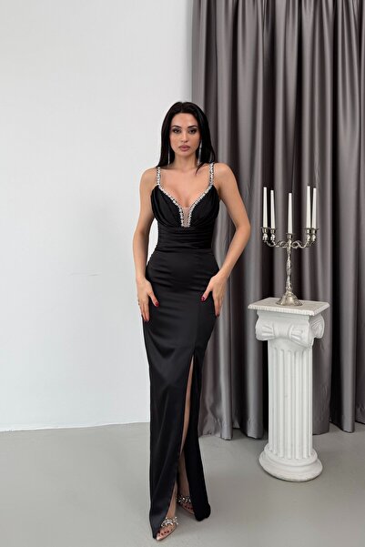 Serica Moda Rochie de seară Y cu fantă cu bretele brodate cu piatră neagră