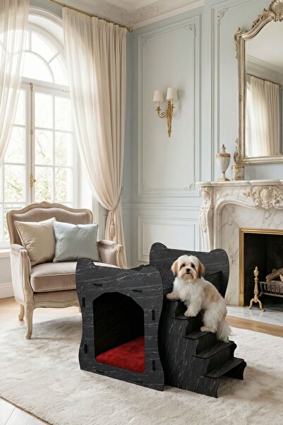 Evene Ahşap Köpek Kulübesi Dekoratif Köpek Evi Siyah Mermer Renk Merdivenli M...