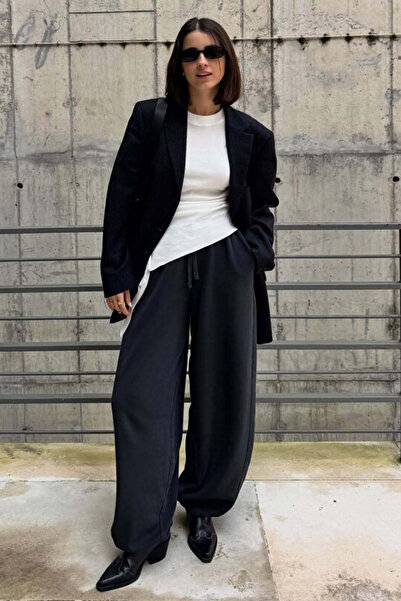 Madmext Navy Blue Stoperli Barrel Fit Brushed Inside Women's Sweatpants Mg2687