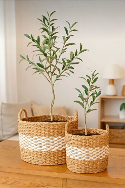 Bayev 2'Li Kulplu Hasır Beyaz Desenli Silindir Saksılık Set -Doğal Hasır Saks...