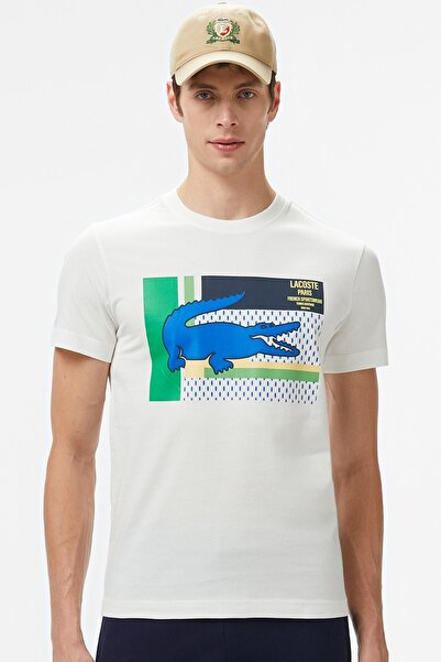 Lacoste Ανδρικό T-shirt με στάμπα, κανονική εφαρμογή, σε ανοιχτό λευκό χρώμα.