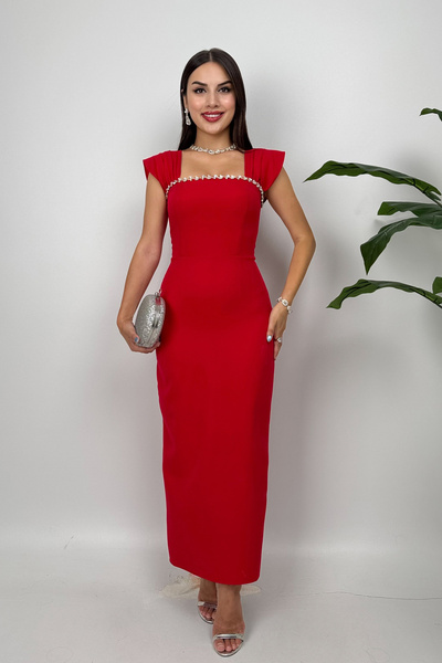zenne Red dress with Slit stone detailed back