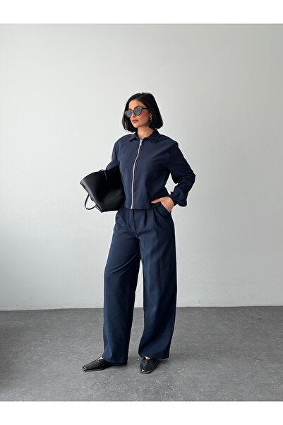 RACE FASHİON Zippered Jacket & Pleated Pants Set Rc9018
