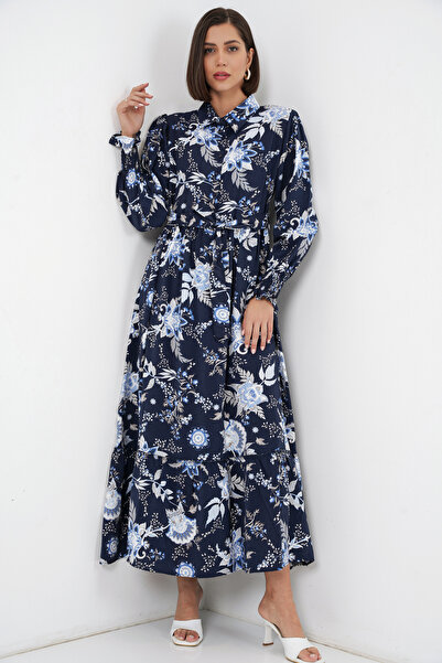 Bigdart Women's Belted Hijab Dress 2589 - Navy Blue