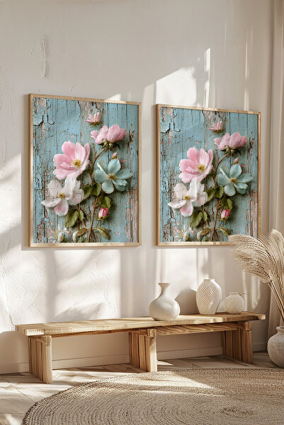 STARYUNA Wooden Framed Vintage Flower and Wooden Floor Double Painting Set Yu...
